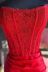 Sparkly Red Sheath Corset Long Prom Dress with Lace