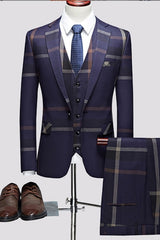 Blue Three-Piece Notched Lapel Business Suit for Men