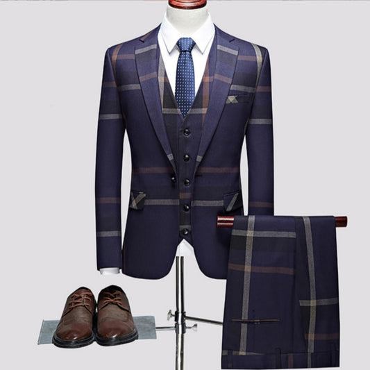 Blue Three-Piece Notched Lapel Business Suit for Men