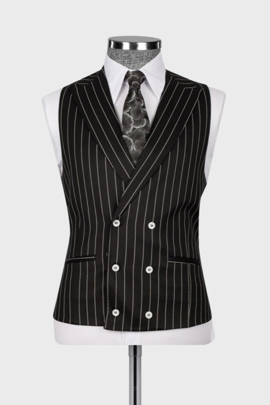 Black Striped Peaked Lapel 3-Piece Business Men's Suit