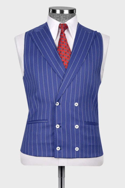 Blue Striped Peaked Lapel Three-Piece Business Suit for Men