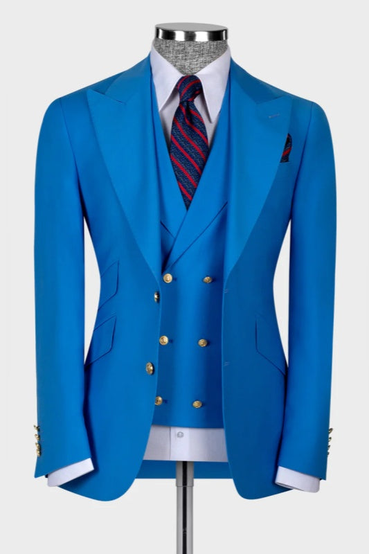 Ocean Blue Peaked Lapel 3-Piece Wedding Men Suit