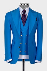 Ocean Blue Peaked Lapel 3-Piece Wedding Men Suit