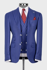 Blue Striped Peaked Lapel Three-Piece Business Suit for Men