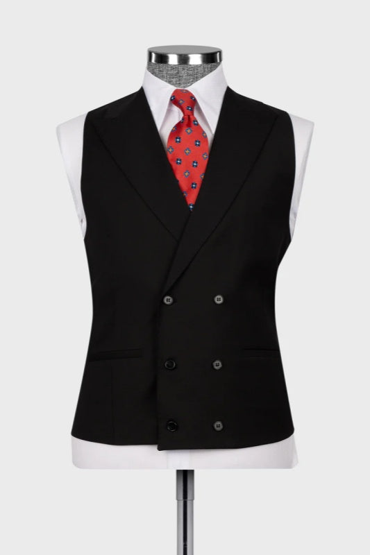 Black Three-Piece Peaked Lapel Business Suit for Men