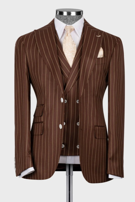 Brown Striped Peaked Lapel 3-Piece Business Men's Suit