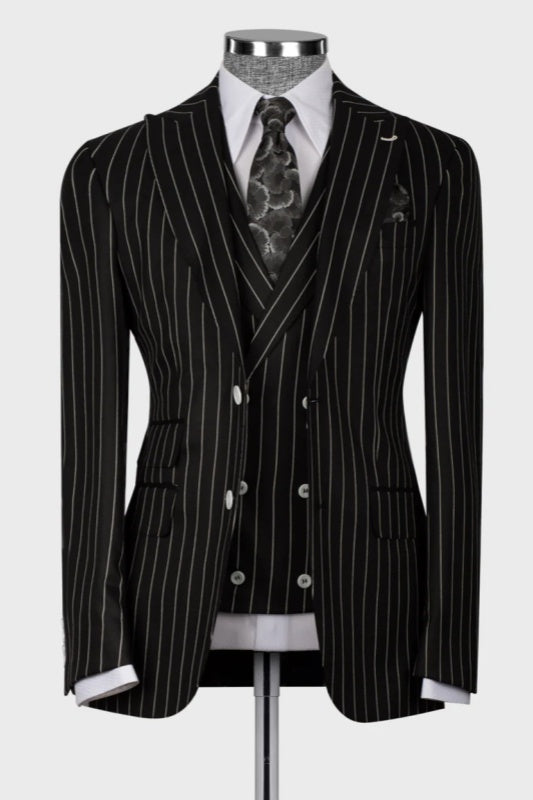 Black Striped Peaked Lapel 3-Piece Business Men's Suit