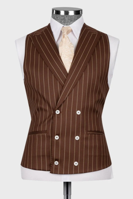 Brown Striped Peaked Lapel 3-Piece Business Men's Suit