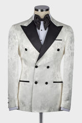 White Jacquard Double Breasted Wedding Men's Suit with Black Peaked Lapel