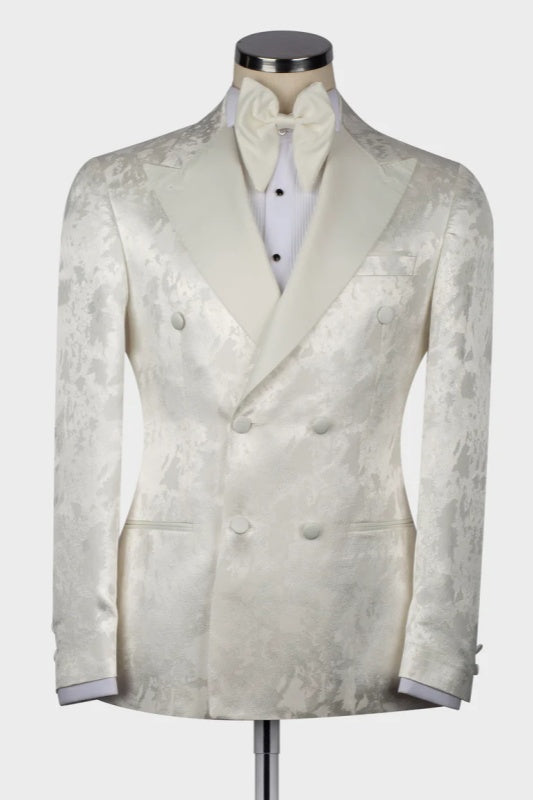 White Jacquard Peaked Lapel Double Breasted Wedding Men's Suit