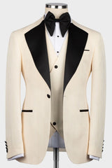 Light Champagne Three-Piece Wedding Suit with Black Notched Lapel