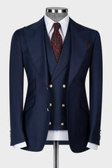 Dark Navy Peaked Lapel 3-Piece Business Men Suit