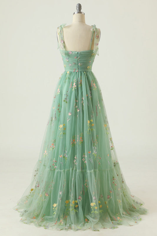 Green Prom Dress A-Line Embroidered Bowknot Sleeveless Party Dress