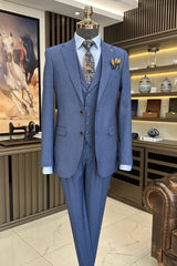 Ocean Blue Notched Lapel 3-Piece Business Men's Suit