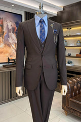 Coffee Three-Piece Peaked Lapel Business Suit for Men