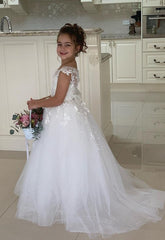 Ivory Tulle A LIne Flower Girl Dress with Lace Appliques