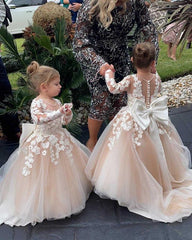 Ivory Champagne Long Sleeves A Line Flower Girl Dress with Appliques