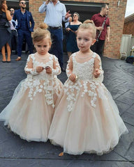 Ivory Champagne Long Sleeves A Line Flower Girl Dress with Appliques