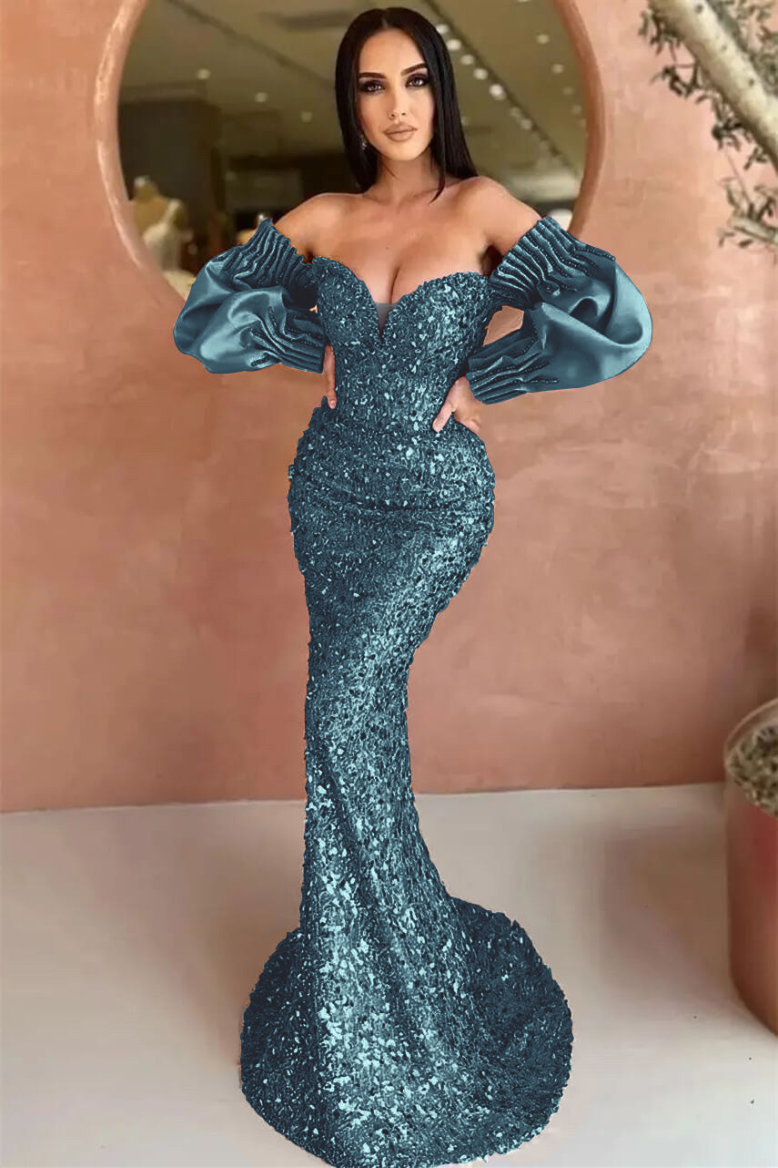 Off-The-Shoulder Mermaid Long Sleeve Evening Dress with Sequins