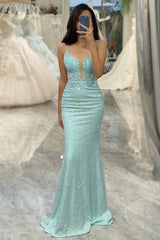 Sparkly Light Green Mermaid Long Appliqued Prom Dress