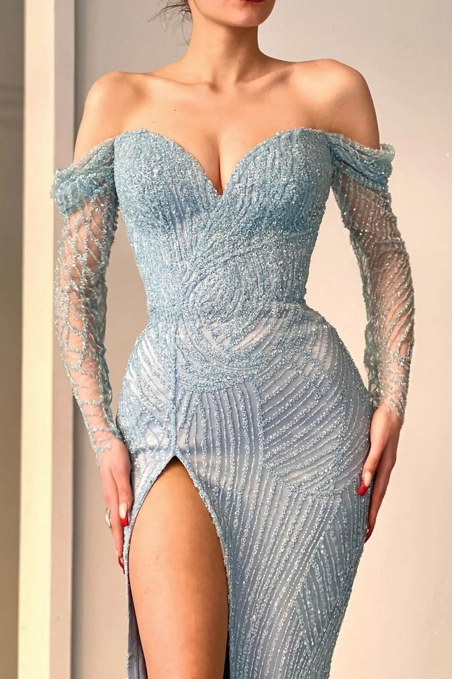 Blue Long Sleeves Off-The-Shoulder Sweetheart Sequins Mermaid Evening Dress with Split