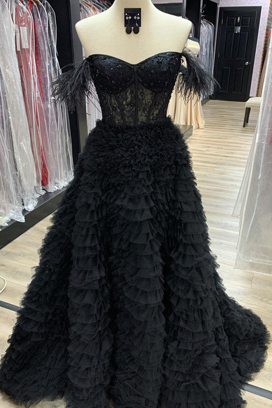 Black Off the Shoulder Corset A-Line Prom Dress with Beadings