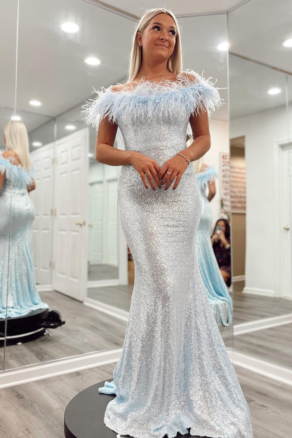 Sparkly Sky Blue Sequin Mermaid Prom Dress with Feather