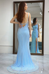 Glitter Light Blue Mermaid Backless Long Prom Dress With Slit