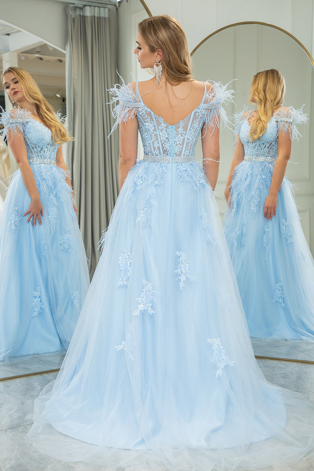 Light Blue A Line Appliqued Long Corset Prom Dress With Feathers