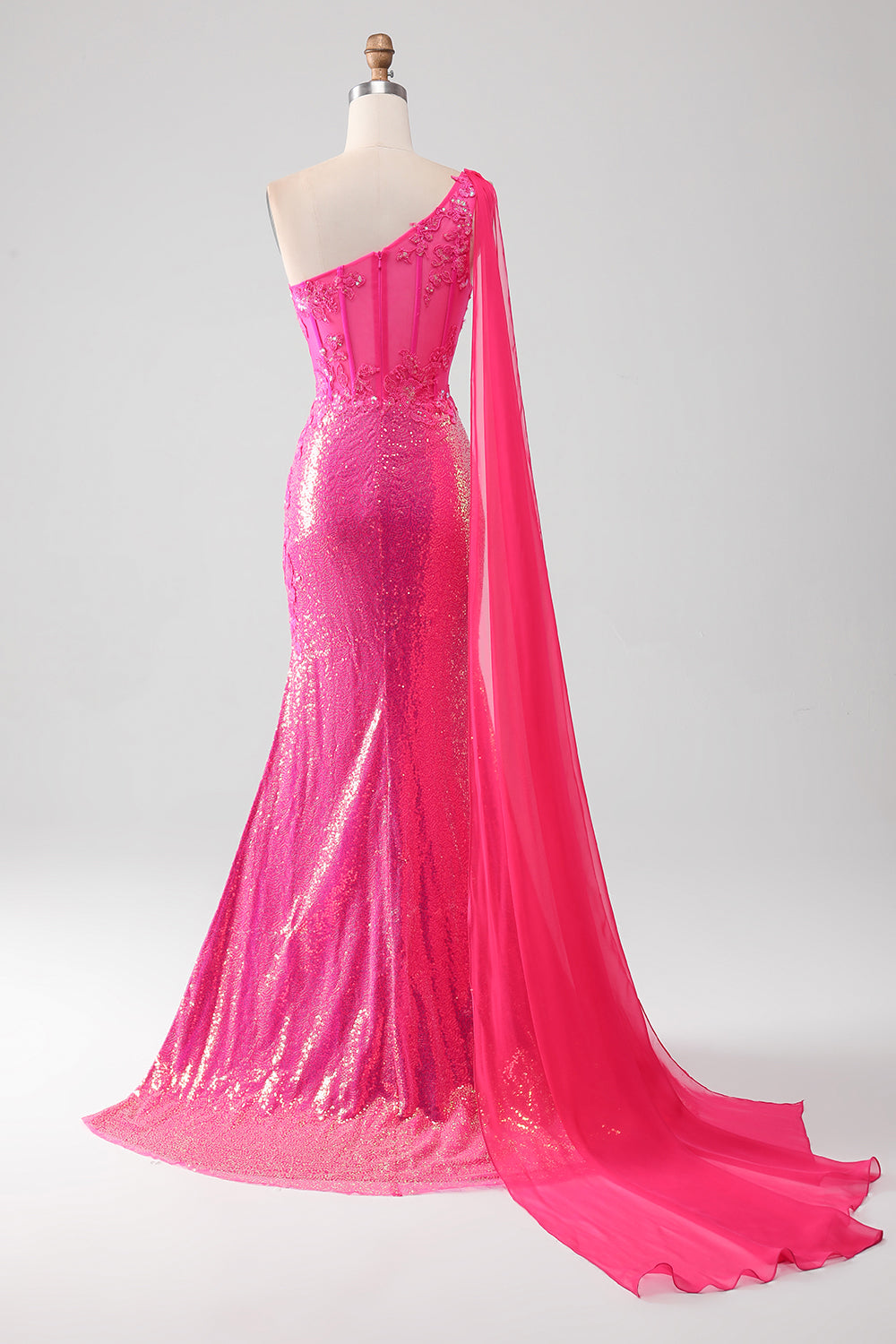 Sparkly Fuchsia Mermaid One Shoulder Long Corset Prom Dress With Slit