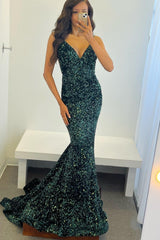 Dark Green Evening Dress Sequins Backless Mermaid Prom Dress