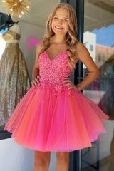 Fuchsia Orange Graduation Dress Tulle Spaghetti Straps Party Dress with Appliques