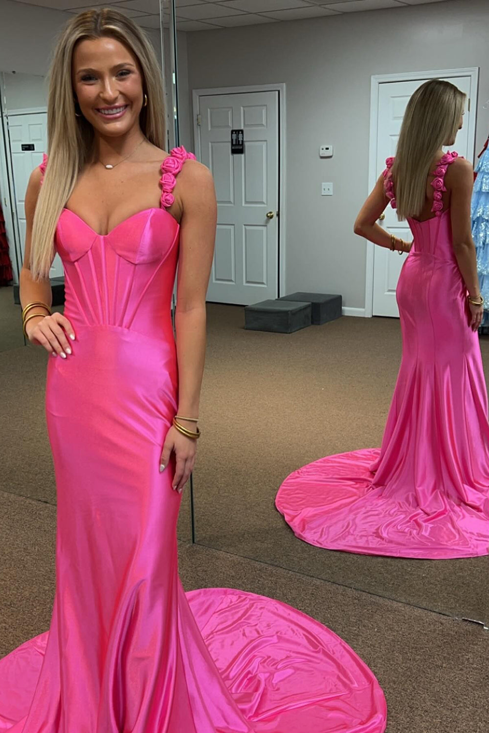 Fuchsia Mermaid Long Satin Prom Dress with Ruffles