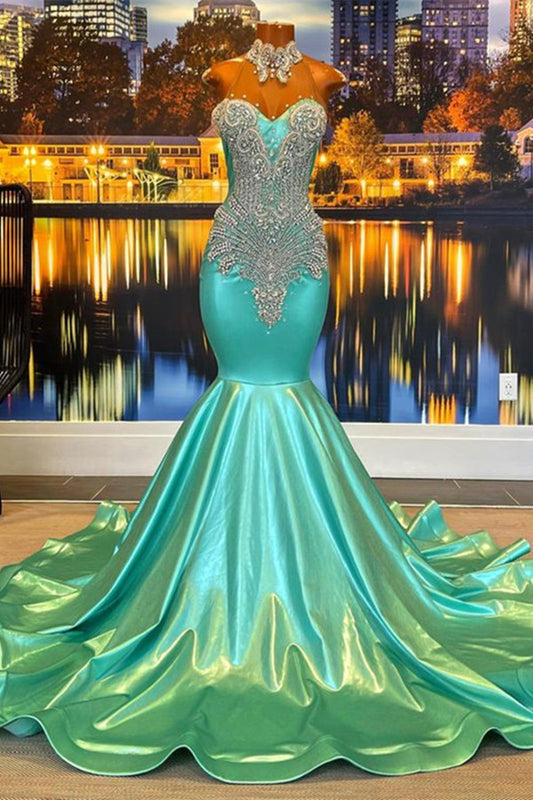 Mint Green Halter Evening Dress with Sleeveless Appliques