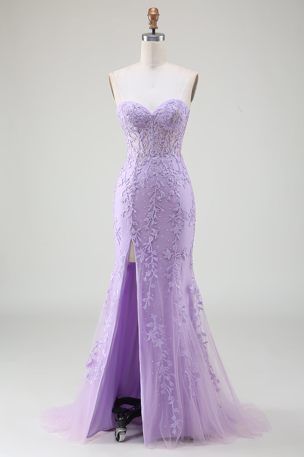 Purple Corset Sweetheart Long Lace Prom Dress with Slit