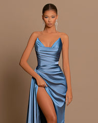 Elegant Royal Blue Long Charmeuse Evening Dress with Slit Pleats