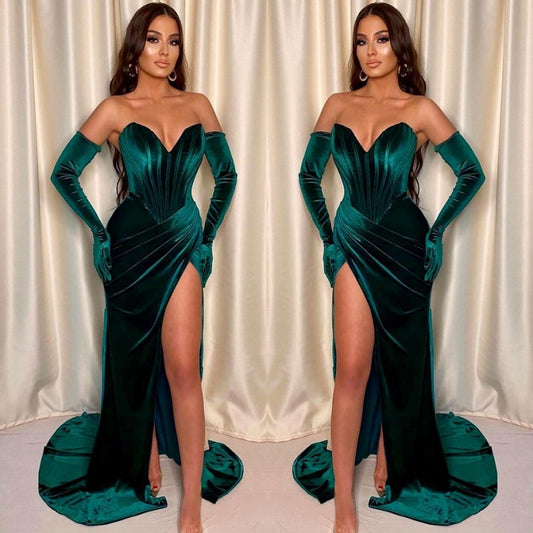 Dark Green Front Split V-Neck Sleeveless Mermaid Evening Dress