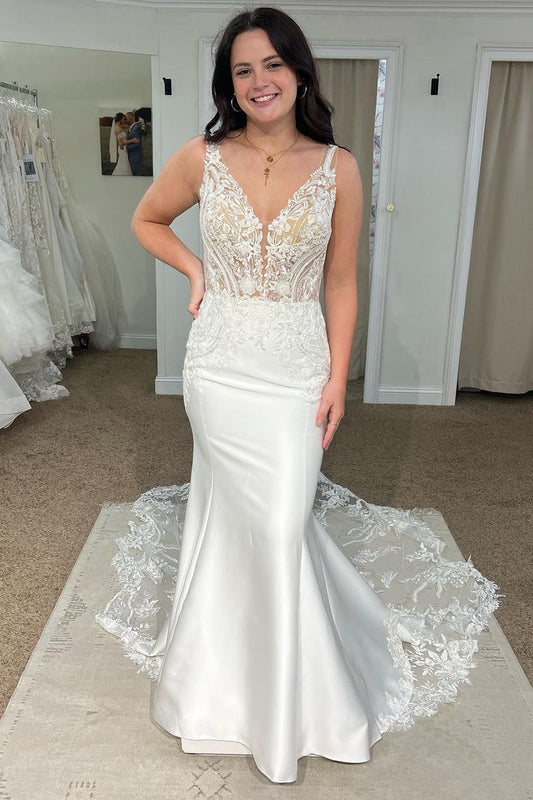 Elegant White Deep V-Neck Mermaid Wedding Dress with Lace Accents