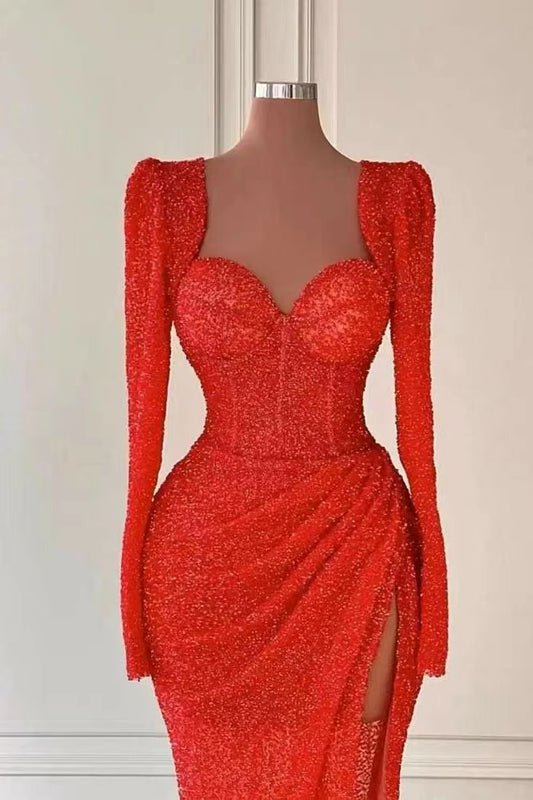 Red Long Sleeves Sweetheart Sequins Mermaid Evening Dress with Split