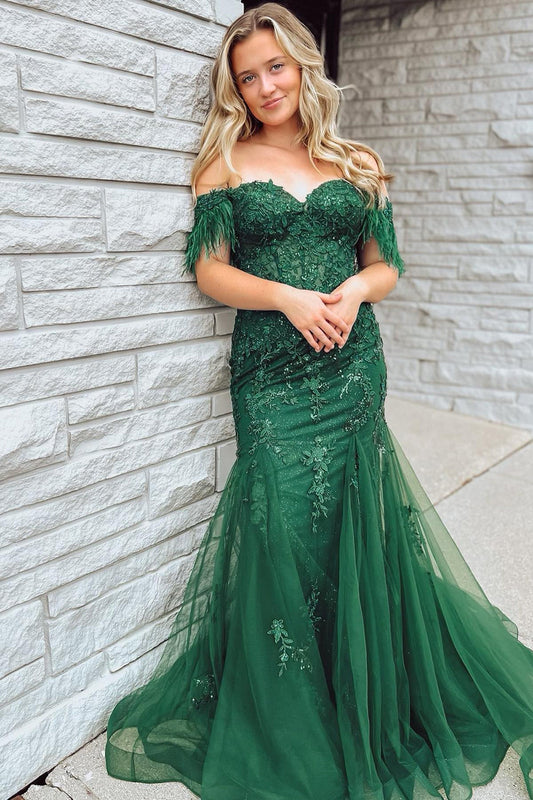 Glitter Dark Green Mermaid Long Lace Prom Dress with Feathers