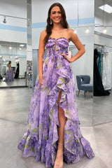 Lilac A-Line Corset Detachable Sweetheart Floral Long Prom Dress with Ruffles