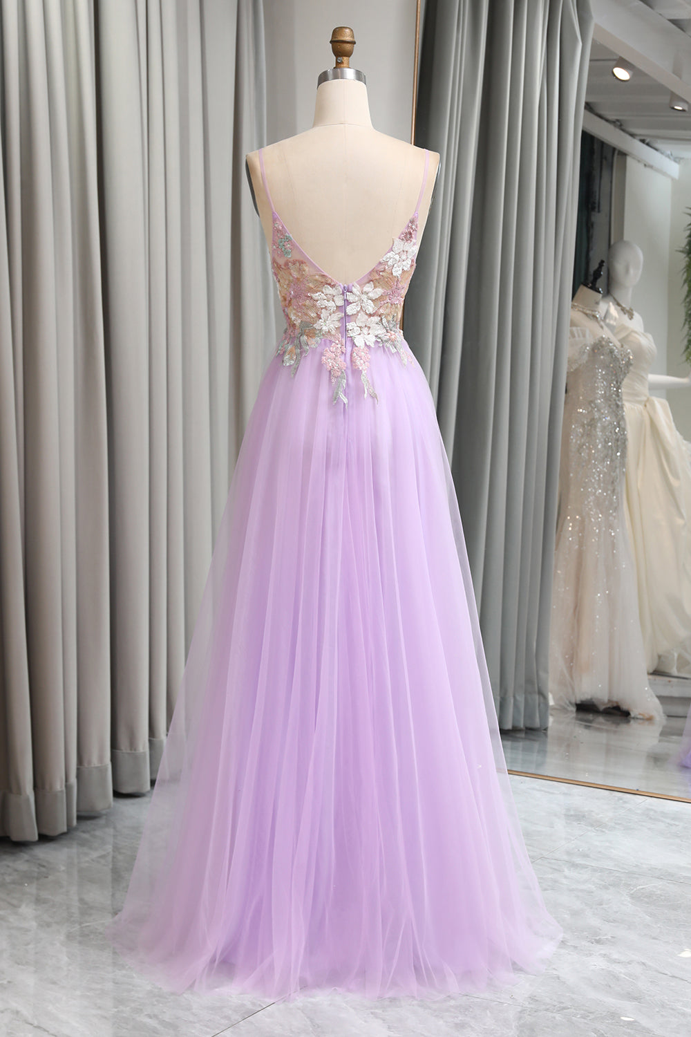 Lilac Tulle A Line Appliques Long Prom Dress With Slit