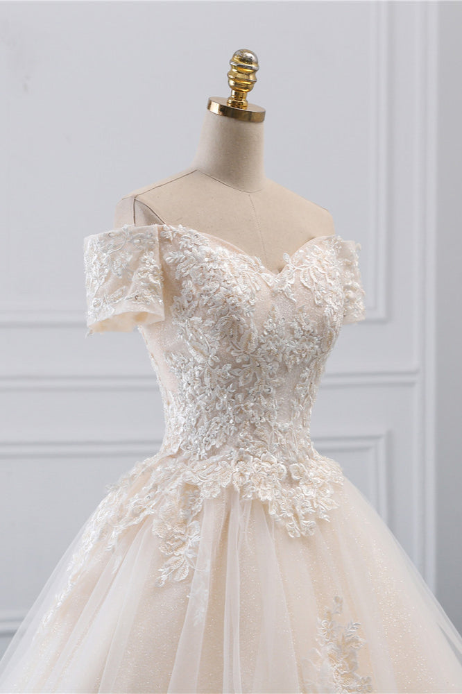 Princess Off-the-Shoulder Tulle Wedding Dress with Lace Appliques