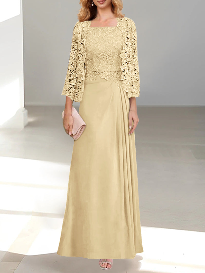2 A-Line/Princess Scoop Mother of the Bride Dresses with Pleated & Lace Appliques Floor-Length