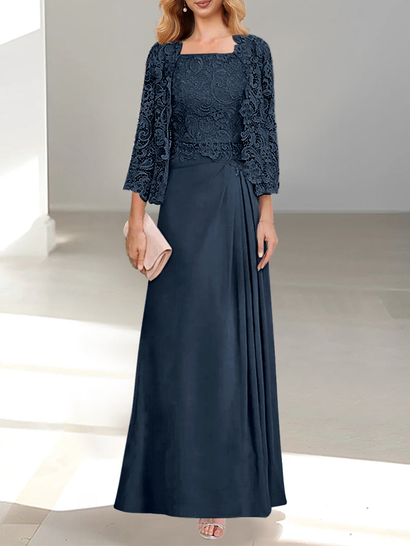 2 A-Line/Princess Scoop Mother of the Bride Dresses with Pleated & Lace Appliques Floor-Length