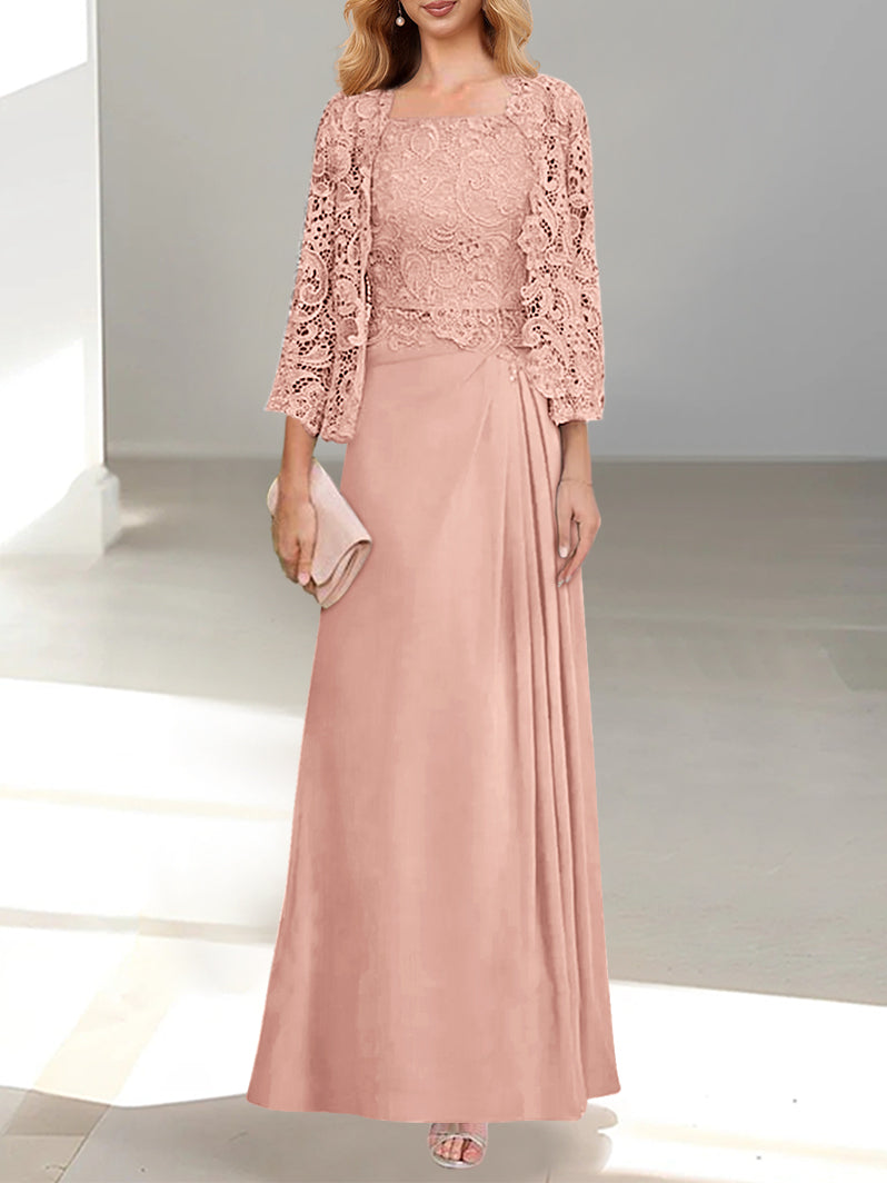 2 A-Line/Princess Scoop Mother of the Bride Dresses with Pleated & Lace Appliques Floor-Length
