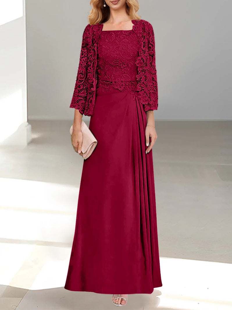 2 A-Line/Princess Scoop Mother of the Bride Dresses with Pleated & Lace Appliques Floor-Length