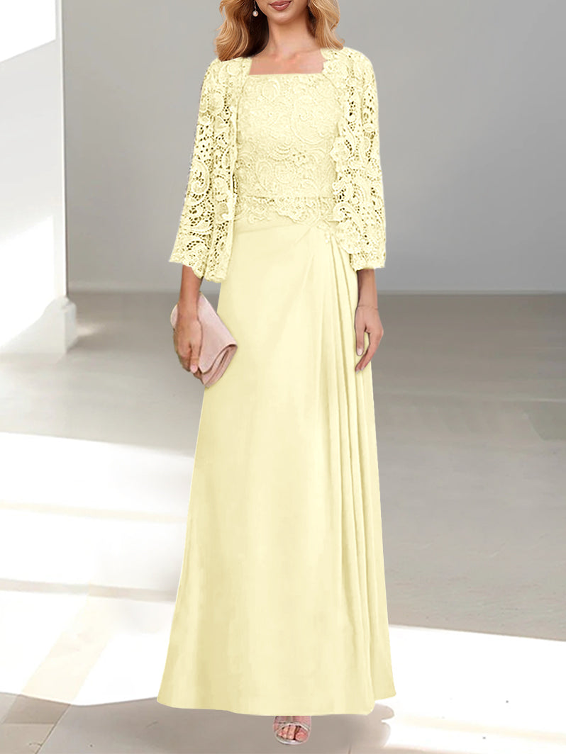 2 A-Line/Princess Scoop Mother of the Bride Dresses with Pleated & Lace Appliques Floor-Length