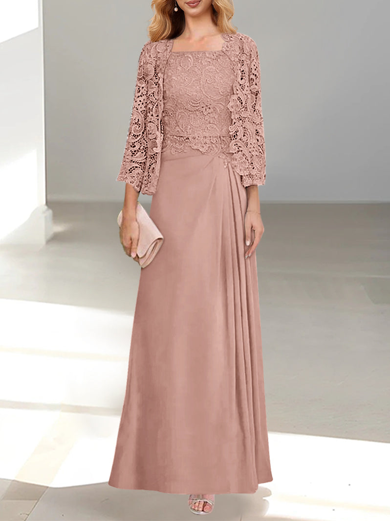 2 A-Line/Princess Scoop Mother of the Bride Dresses with Pleated & Lace Appliques Floor-Length