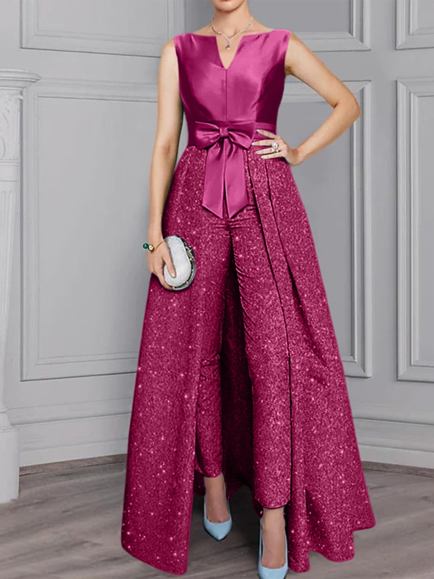 2-Piece Long-Sleeve Mother of the Bride Pantsuit with Sash and Sequins